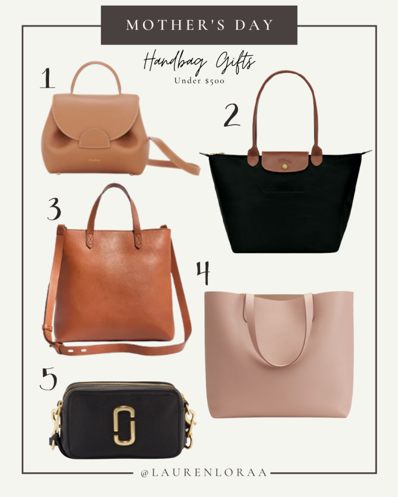 Fashion influencer Lauren Lora's picks for best handbag gifts under $500 to buy your mother for Mother's Day: Polene Number One Nano, Longchamp Le Pliage, Madewell Transport Tote, Cuyana Classic Structured Leather Tote, Marc Jacobs Softshot 21 Crossbody Bag.